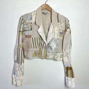 Vintage 90s Patchwork Lace Beaded Jacket Small Cropped Lightweight Cottage Boho